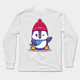 Cute Penguin With Fish Long Sleeve T-Shirt